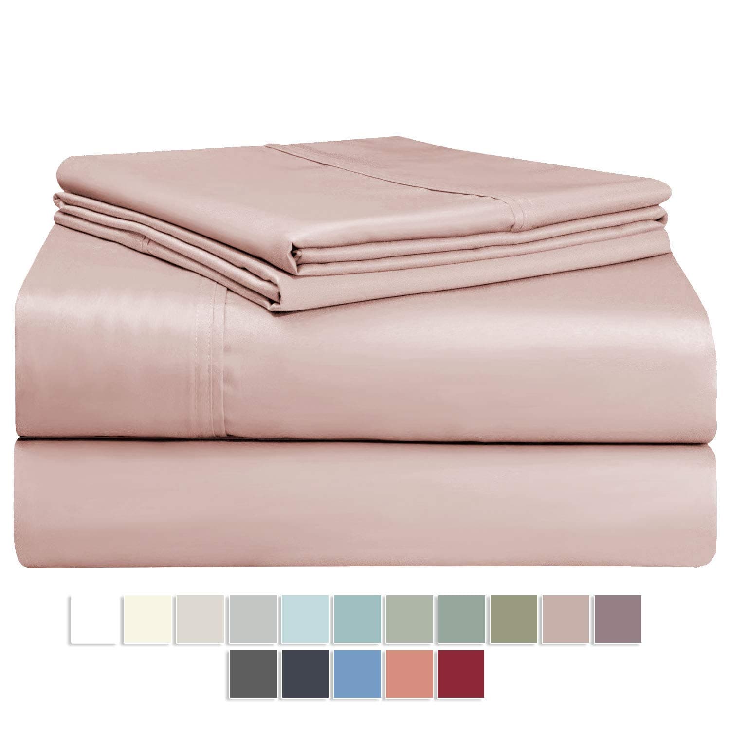Pizuna 400 Thread Count Cotton Queen Sheets Set Rose Pink, 100% Long Staple Cotton Soft Sateen Bed Sheets with Stylish 4 inch Hem, fit Upto 15 inch Deep Pocket (Rose Pink 100% Cotton Queen-Size Sheet)