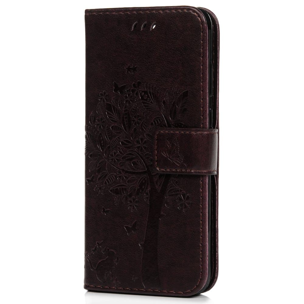 Huawei Y6 2018 Case, Honor 7A Case, Shockproof PU Leather Flip Wallet Case Cat Tree with Kickstand Card Holder Magnetic Silicon Protective Slim Skin Phone Case for Huawei Y6 2018 / Honor 7A Brown