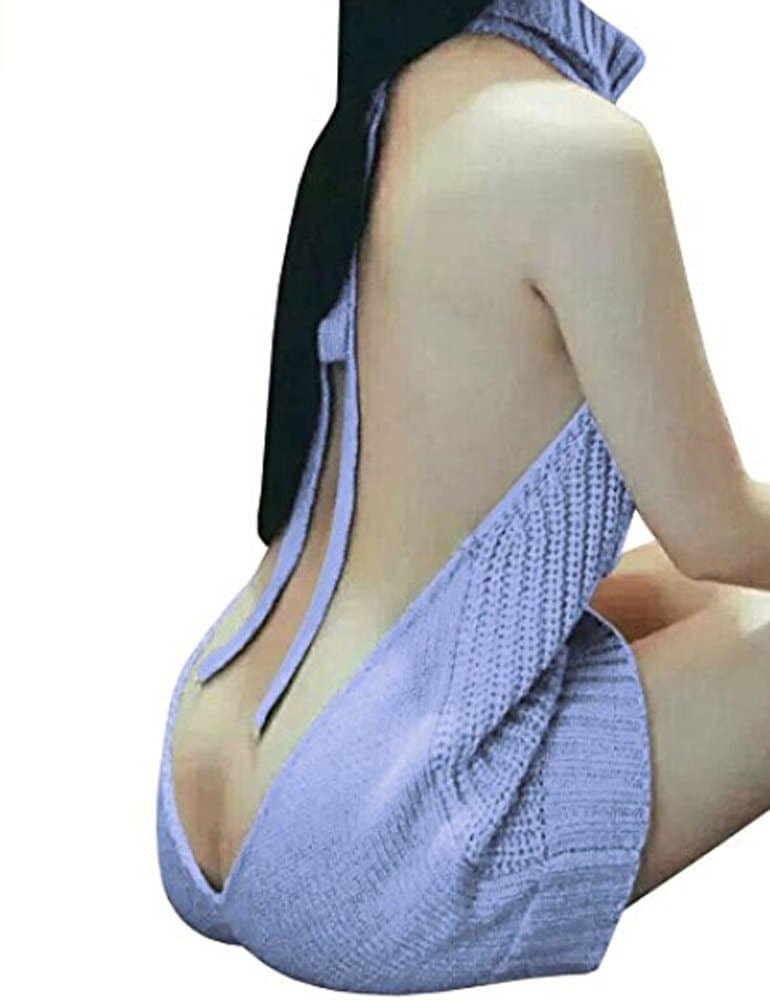 Women's High Roll Neck Cold Shoulder Cable Knit Backless Sweater (One Size, Light Blue)