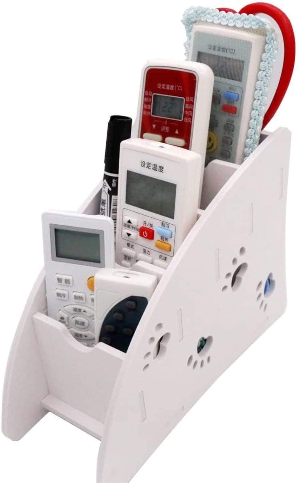 White Remote Control Holder Caddy, 4 Compartments Carving Detachable Desktop Organizer Plastic Wood Pen Pencil Holder Container for Office Desk Bedroom Makeup Phones (White with Hollow Foot),Colour Na