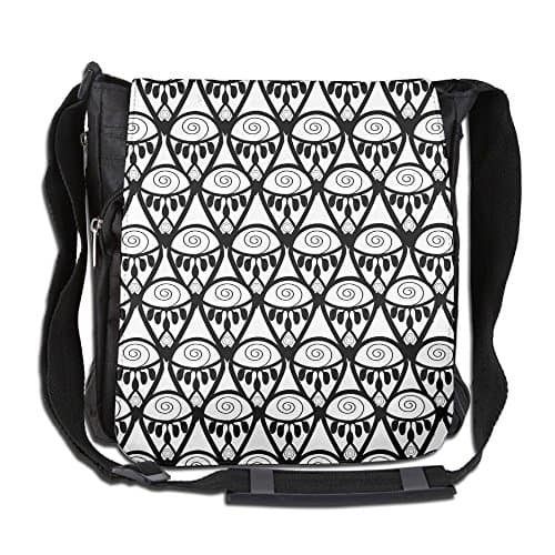 Black White Henna Muster Messenger Bag With Adjustable Shoulder Strap Unisex Zip-top Wide Mouth Open Tool Tote Anti-Theft Design 26 X 30 X 16 Cm