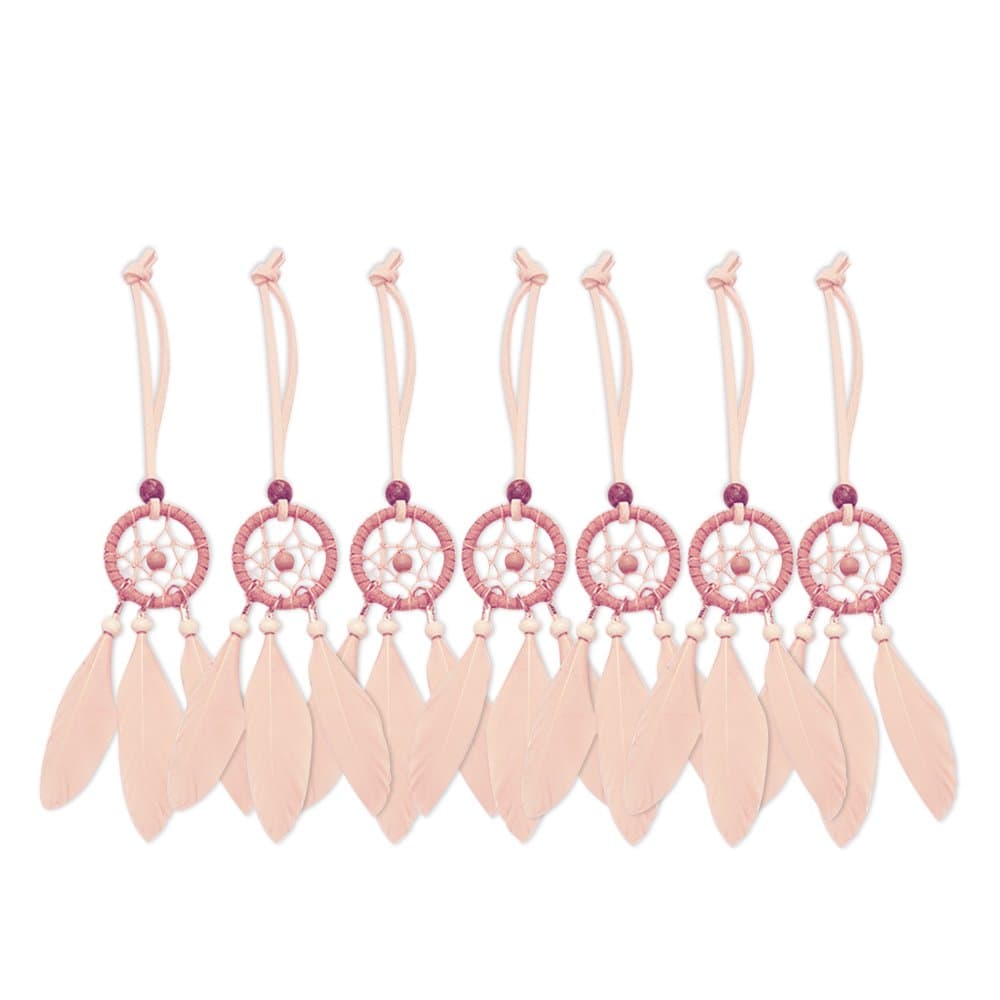 Mini Dream Catcher 7pcs Set - Car Interior Rearview Mirror Dangle Bag Pendant Charm 1.2" Diameter and 9" Long (Pink)