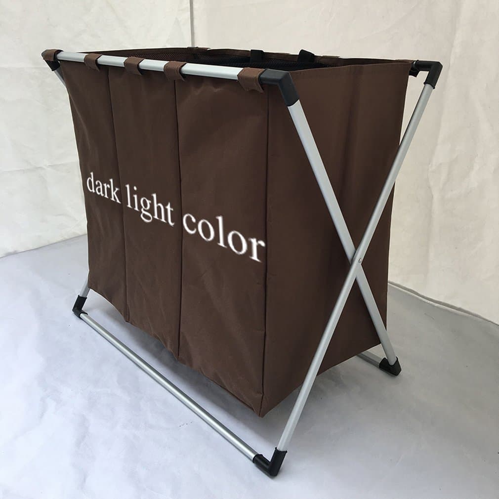 KATHER Large Foldable Laundry Basket Sorter Washing Clothes Hamper Large Folding Storage Bag 3 Sections with Handle for Bathroom Brown…