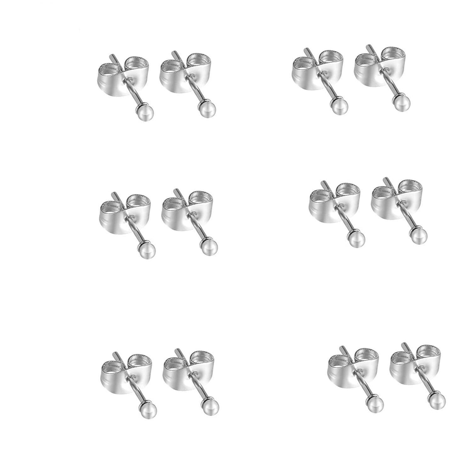 6 Pairs Tiny 2mm Sterling Silver Stud Earrings For Mens Womens Silver Round Ball Stud-Earrings Set (GLOD)