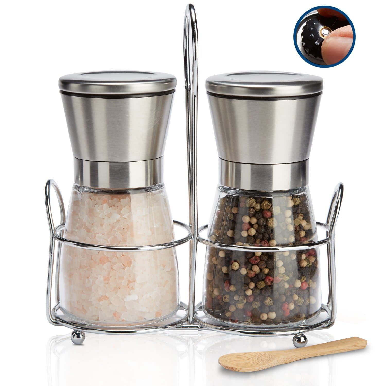 Premium spice mill set with ceramic grinder, salt and pepper mill, made of glass and stainless steel with lid and holder, 2-part set, manual empty with coaster