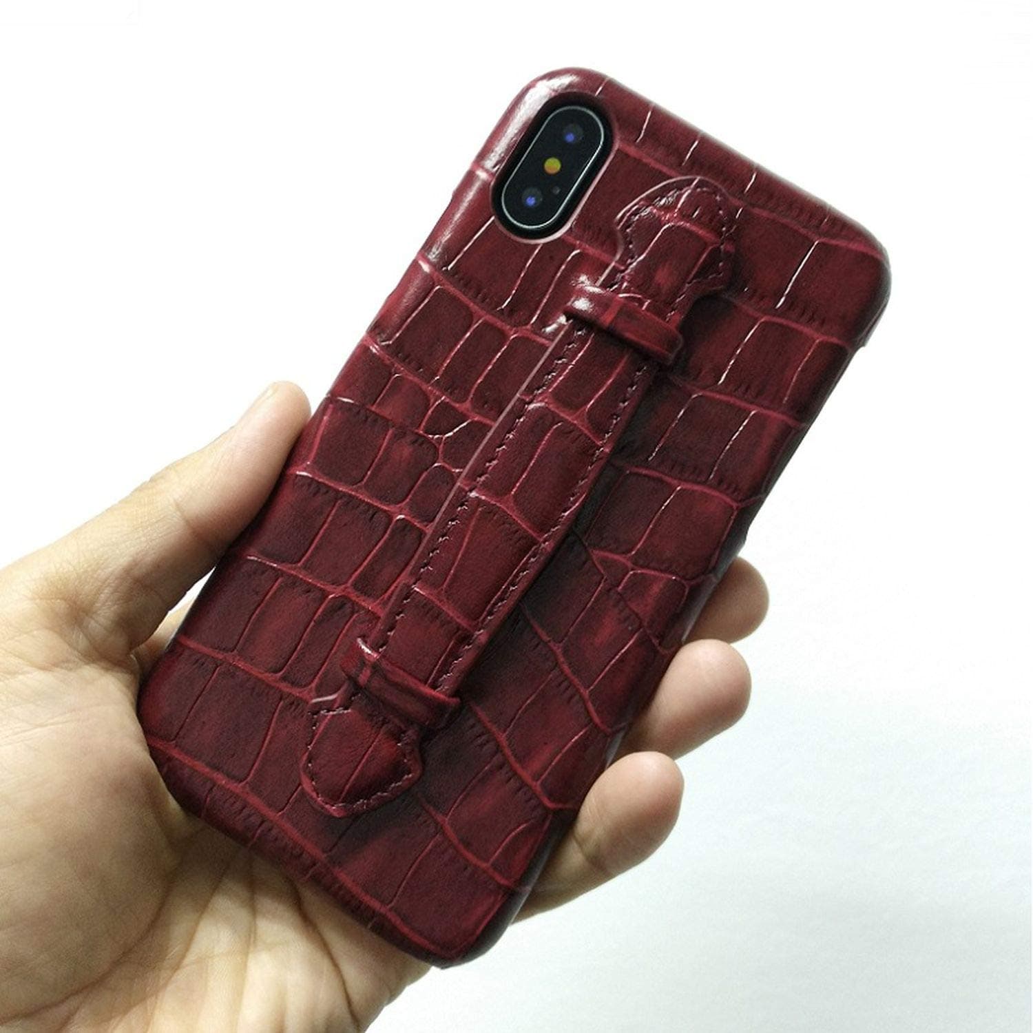 Leather Hand Strap Holder Case for iPhone X Xs Max Xr 7 8 Plus Phone Luxury Crocodile Ultra Thin Slim Hard Cover,Maroon,for iPhone X