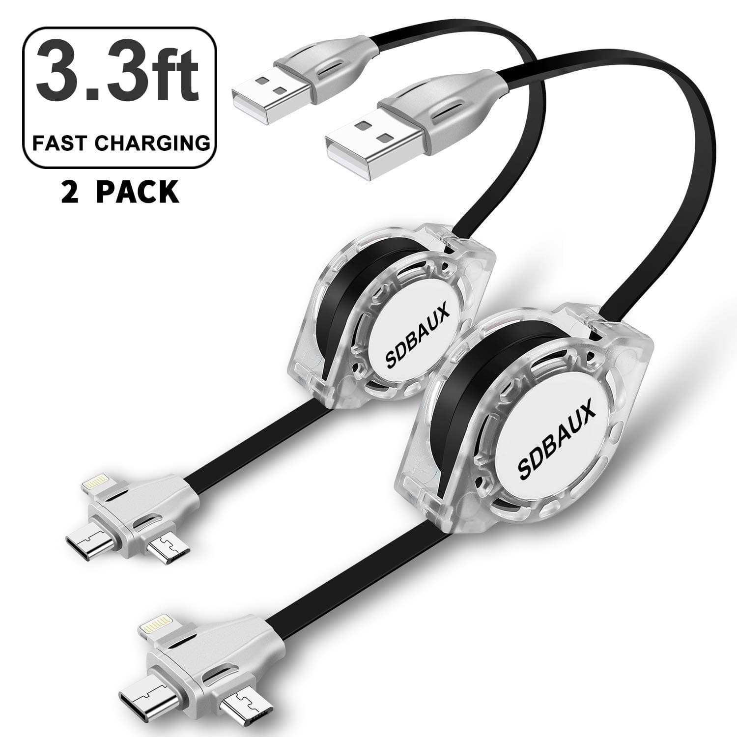 SDBAUX Multi 3 in 1 USB Retractable Charging Cable 2Pack 3.3ft,Fast Charge Charger Cord with Eight Pin Type C Micro USB Port Compatible with all Phone Samsung Galaxy Google Pixel LG Tablets