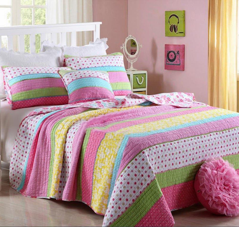 Best Comforter Set 3 Pieces Bedding Set Polka Pink Dot Striped Floral Bedspread Quilt Sets for Girl Kids Children Cotton,Twinl/Queen