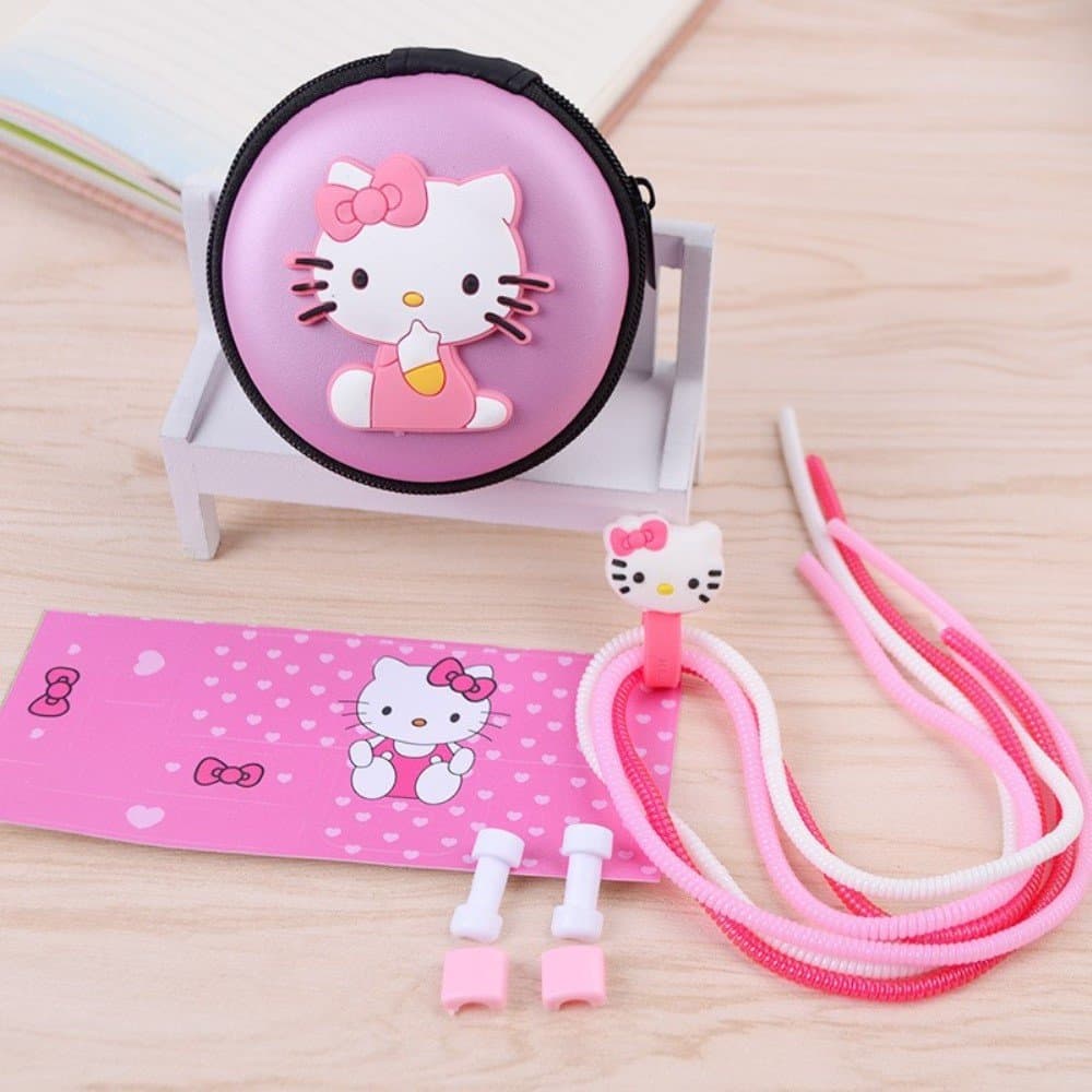 USB Cable Earphone Protector Set with Cable Winder Cartoon Stickers USB Charger Cable Cord Protector for iPhone 5 5S 6 6s Plus 7 (Hellokitty)
