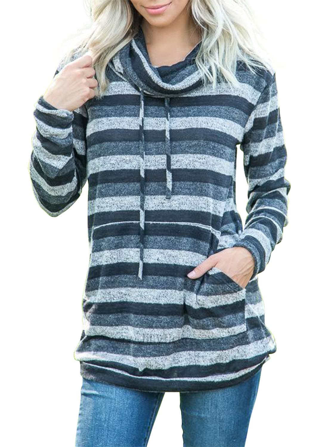 Lyking Women's Cowl Neck Long Sleeve Striped Drawstring Pullover Top Sweatshirt Hoodie with Pockets