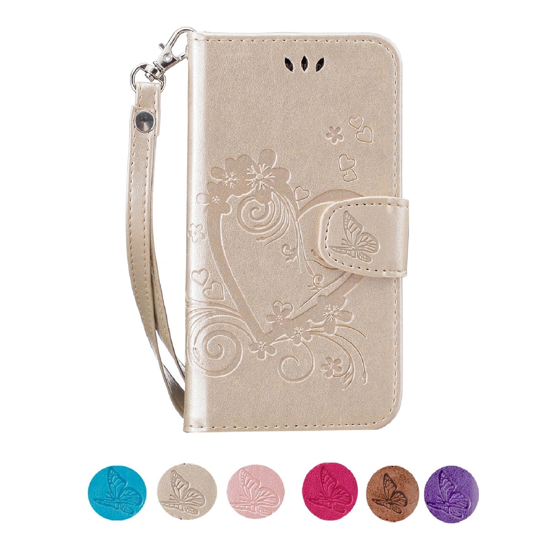 CXTcase Samsung Galaxy S5 Case, Samsung S5 Neo Flip Wallet Leather Phone Case with Card Holder Magnetic Cover for Samsung Galaxy S5 / S5 Neo Butterfly Floral Pattern, Gold