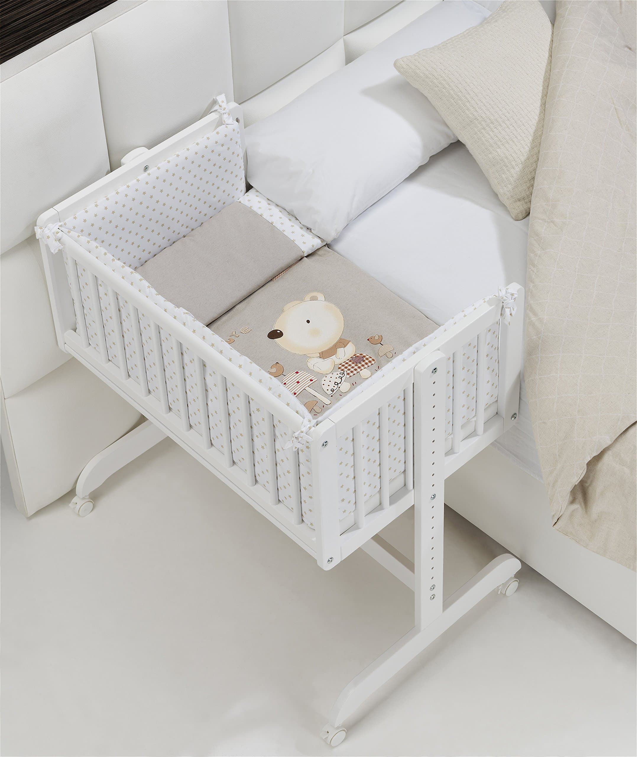 Complete Co-Sleeping Mini Cot - Includes Detachable Filled Duvet Cover + Pillow + 2 Protectors with Zip + Mini Cot Mattress + 4 Wheels with Brakes