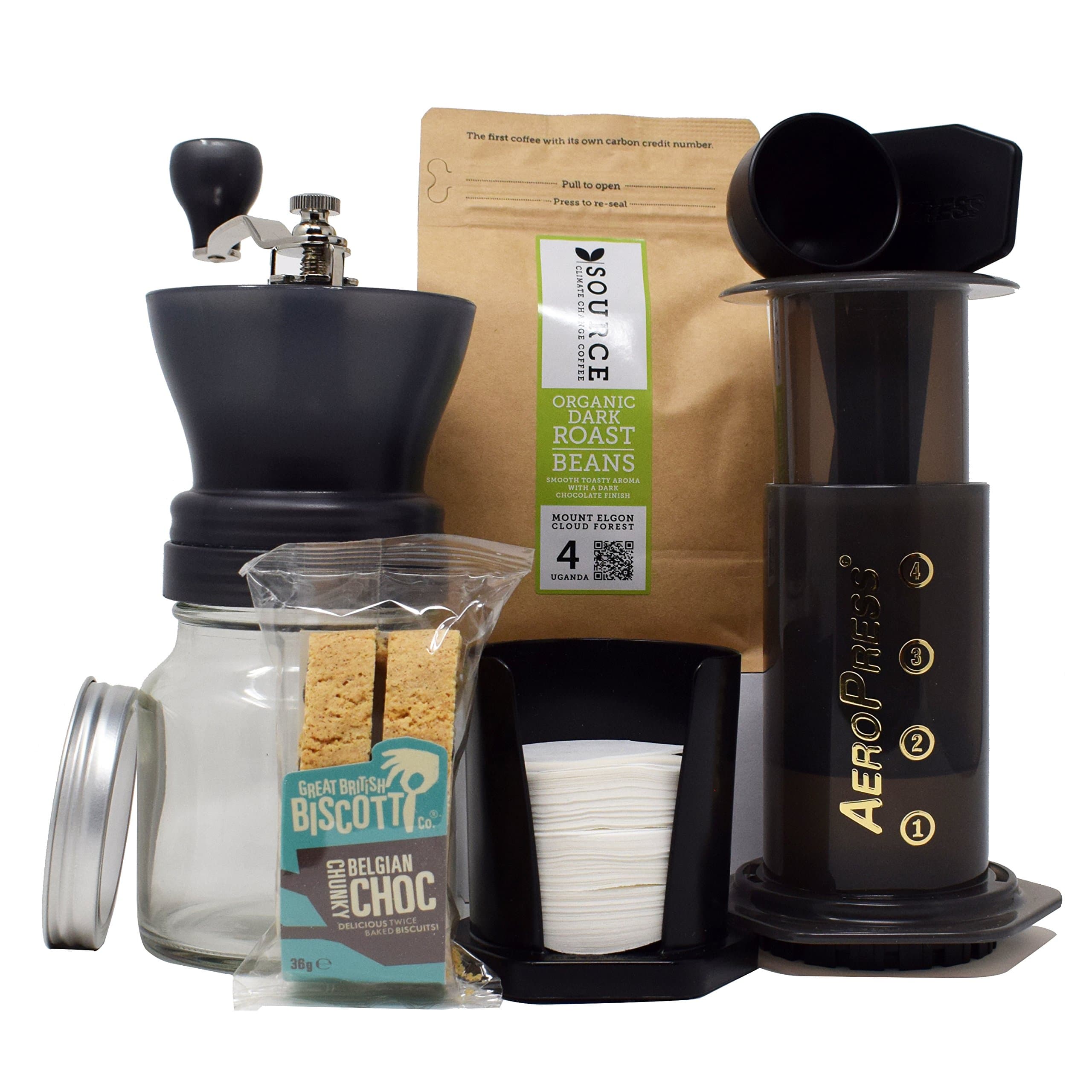 Discover Coffee Gift Set - Source Uganda Whole Bean Coffee (227g), Grunwerg Grinder, Aeropress Kit & Biscotti