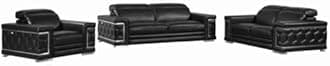 Blackjack Furniture Usry Top Grain Italian Leather Set with Multi-Position Adjustable Headrests, Elegant Contemporary Design with Chrome Trim and Durable Wood Frame, Chair, Loveseat, Sofa Set, Black