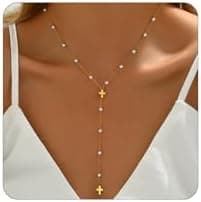 Dainty Cross Drop Y-Shaped Necklace for Women 18K Gold Plated Simple Rosary Beads Chain Lariat Necklace Minimalist Everyday Jewelry