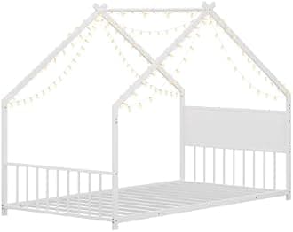 Twin Size Montessori Floor Bed with RGB LED Light, Twin Size House Floor Bed with High Headboard and Footboard, Twin Floor Bed with Slats, Twin Floor Bed for Kids(Twin White)