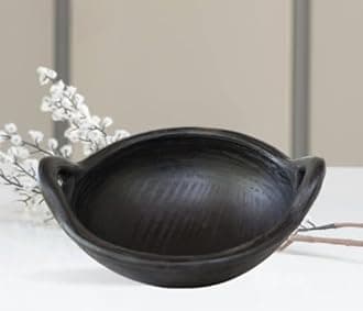 Craftsman India Online Deep Burned Clay Kadai for Cooking and Serving 1 Liter (Black)