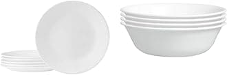 Corelle Vitrelle 6-Piece Salad Appetizer Plate Set, Triple Layer Glass & Vitrelle (Set of 4 Pieces) 18-Oz Soup/Cereal Bowls, Chip & Crack Resistant Glass Dinnerware Set Bowls, Winter Frost White