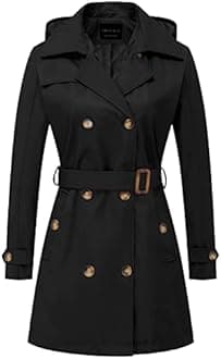 CREATMO US Women's Trench Coat Double-Breasted Classic Lapel Overcoat Belted Slim Outerwear Coat with Detachable Hood