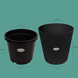 GREENON® 10 Inch Plant Pot Set of 2 (4 Pots) Self Water | Black Outer and Black Inner Plant Container | UnFadable Planter | Virgin Plastic Gamla | Best for Indoor and Balcony