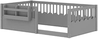 Bellemave Twin Size Floor Bed with high Rails and Bookshelf for Kids, Girls, Boys, Wood Montessori Floor Bed Without Door, Gray