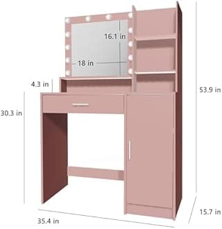 Palimder Vanity Desk with Mirror and Light, Large Drawer and Three Level Storage Dresser, 3 Lighting Modes Adjustable Brightness, Bedroom Dressing Table (Pink)
