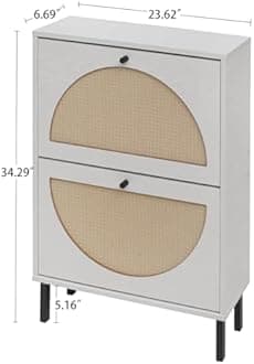 ZeHuoGe Rattan Shoe Cabinet with 2 Flip Drawers, Narrow Hidden Shoe Rack, Storage Cabinet for Entryway, Shoe Organizer with Rattan Doors (Pearl White)