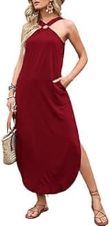 ANRABESS Women's Summer Casual Criss Cross Sundress Sleeveless Split Maxi Long Beach Dress with Pockets