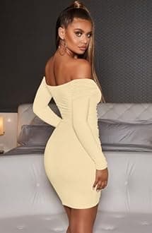XXTAXN Women's Sexy Elegant Long Sleeve Off The Shoulder Ruched Mini Dress Khaki