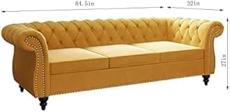 ORRD Chesterfield Sofa Velvet, Modern Tufted Couch 3 Seater with Rolled Arms and Nailhead for Living Room, Bedroom, Office, Apartment (Mango), Yellow