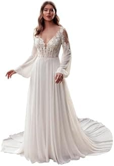 Miao Duo Women's Bridal Gown Plus Size Lace Chiffon Long Sleeves Wedding Dress for Women Ivory 24W