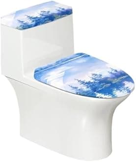 Ink Wash Painting Toilet Lid Seat Cover Set of 2, Stays in Place Elastic Edges Chinese Style Painting Toilet Seat Cover Decorations Bathroom Decorations