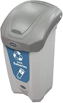 Nexus 8G Battery Recycling Bin (Gray, Blue Sticker) – Small Plastic Disposal Bin for Used Batteries – 8-Gallon Battery Recycling Container with Grey Flip Lid