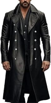 QOAAIE Long Leather Jakcet for Men Retro Slim Fit Motorcyle Trench Coat Full Length Faux Leather Overcoat Windbreaker