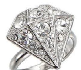 DIAMOND SHAPED RING WITH CLEAR CRYSTALS - ADUSTABLE FITS SIZES 5-15