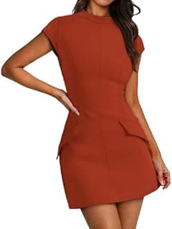OFEEFAN Womens Summer Dress Mock Neck Short Sleeve Bodycon Party Club Mini Dresses