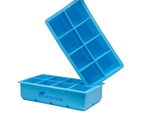Extra-large silicone trays, 2” slow melting ice cubes by Acuisina. 2 pack, portion control, broth, baby food, ice pop, soap, chocolate, cake mold. Bonus recipes