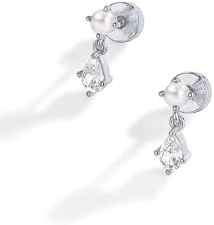 PAVOI 14K Gold Plated Sterling Silver Posts Pearl Flat Backs Stud Earrings for Women - Earscape Drop Dangle Pear Cubic Zirconia Pearl Mini Stud Earrings