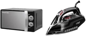 Russell Hobbs RHMM701B 17 Litre 700 W Black Solo Manual Microwave with 5 Power Levels, Ringer & Timer, Defrost Setting, Easy Clean & Powersteam Ultra 3100 W Vertical Steam Iron 20630 - Black & Grey