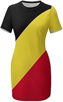 Fattyeery Womens Summer Casual Loose Dress Belgian Flag Long Dress Short Sleeve for Girls Fashion Skirts M