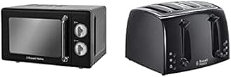 Russell Hobbs RHRETMM705B 17 L 700 W Black Compact Retro Solo Manual Microwave with 5 Power Levels, Timer, Defrost Setting, Easy Clean & 21651 Textures 4-Slice Toaster 21651-Black, Plastic, Black
