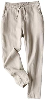 IXIMO Women's Tapered Pants 100% Linen Drawstring Back Elastic Waist Ankle Length Pants