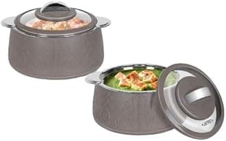 Jaypee Fabrene Serving Twin Set Casserole PUF Insulated |Inner Stainless Steel |Anti Lock Lid Toughened Glass | Hot Box for Serve Chapatti, Dishes, 1000+1000 ml, Beige