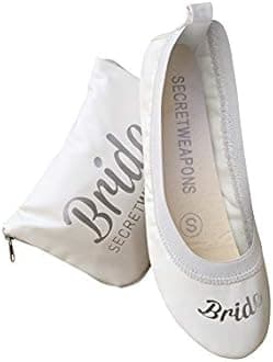 SECRET WEAPONSWhite Bride & Bridesmaid Fold Up Ballet Flats-Foldable Bridal Wedding Party Shoes with Bride & Bridesmaid Print-Cute Purse unfolds into a Tote Carry Bag