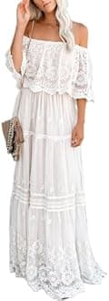 MERMAID'S CLOSET Women's Casual Off Shoulder Lace Maxi Dress Boho White Bridesmaid Wedding Evening Party Dresses