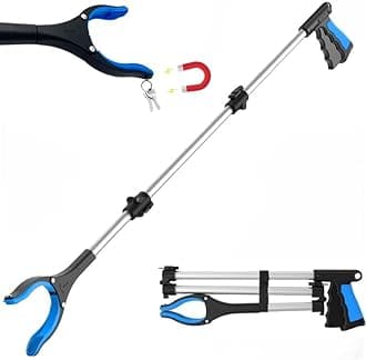 PowerGrip T9, Extra Long Grabber Reacher Tool, Wide Jaw, Foldable Trash Pickup Tool, Steel Cable, with 96 Grip Points for Firm Grip, 32" with Magnet (Blue, 43 Inch)