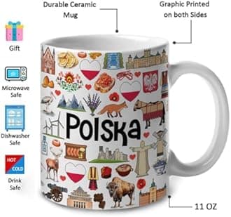 Lotacy Poland Polska Symbols Colorful Coffee Mug, Poland Polska Ceramic Mug 11 oz Coffee Mug, Poland Souvenir and Gifts, Gift Idea for Polish Men and Women