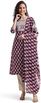 SOURBH Women's Straight Fit Cotton Embroidered Block Printed Kurta Set with Dupatta and Trouser