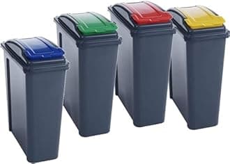 JMS we create smile Set of 4 x 25 Litre Slimline Plastic Recycle Bin with Flap Lid Kitchen Garden Waste Rubbish Bins Dustbin (Blue/Red/Green/Yellow)