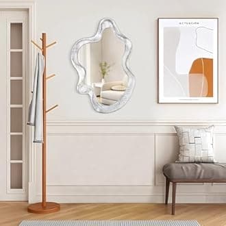 Asymmetrical Mirror Wood Frame Irregular Wall Mirror Unique Shape Wavy Wall Mirror Modern Artistic Cloud Mirror Decorative for Living Room Bedroom Cloakroom Bathroom Entryway Hallway White
